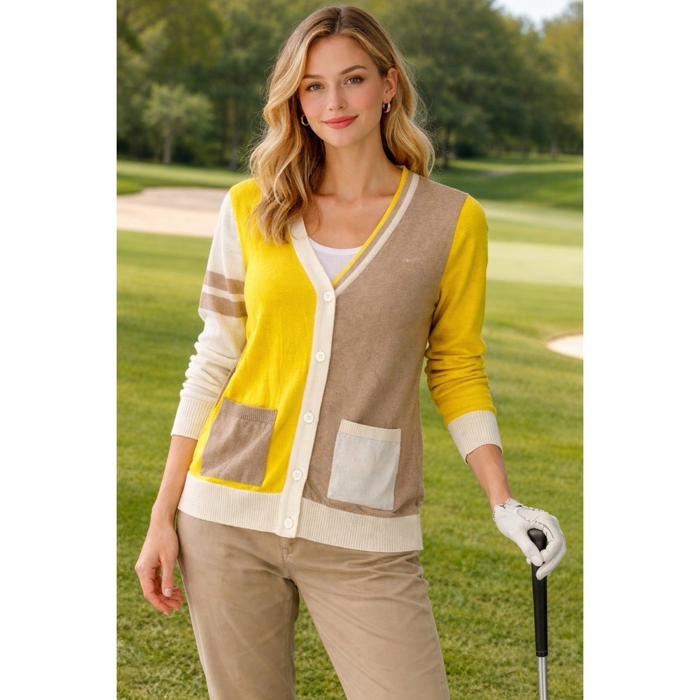 Louis Castel Colorblock‎ Cardigan Yellow Beige Preppy Golf Size 95 S